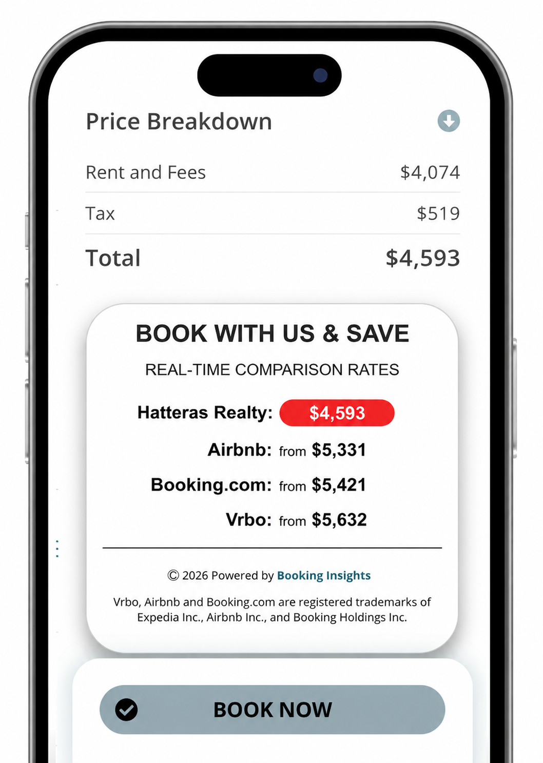 Real-time vacation rental price comparison showing savings when booking directly with Hatteras Realty